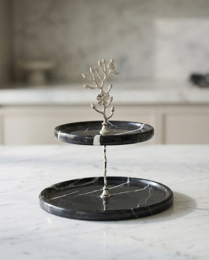 İki Katlı Mermer Sunum Tabağı