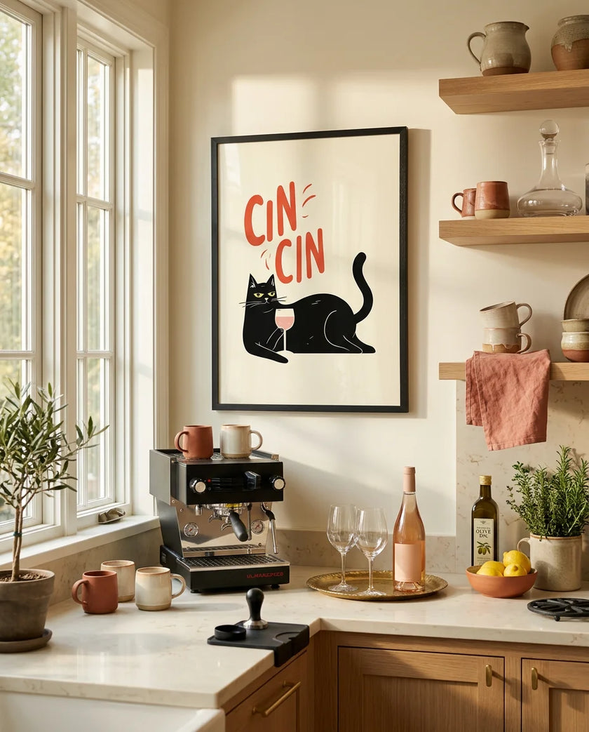 Cin Cin Siyah Kedi Çerçeveli Poster